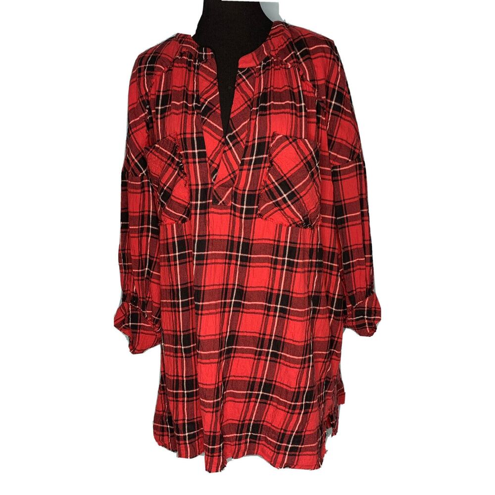 Intimately Free People Red Blackplaid Oversized Top Tunic Small Cotton Blend